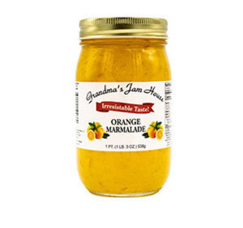 Jar of Grandma's Jam House Orange Marmalade on a white background