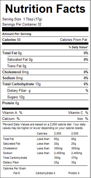 Nutrition facts label for a product with serving size, calories, and nutritional content details.