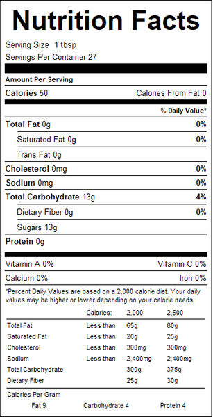Nutrition facts label for a product with serving size, calories, and nutritional content details.