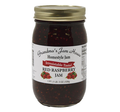 Jar of Red Raspberry Jam from Grandma's Jam House on a white background