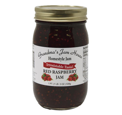 Jar of Red Raspberry Jam from Grandma's Jam House on a white background