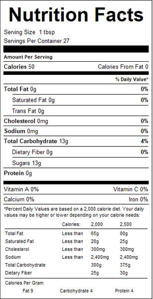 Nutrition facts label for a product with serving size, calories, and nutritional content.