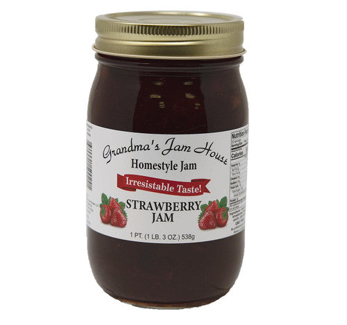 Jar of Grandma's Jam House Strawberry Jam on a white background