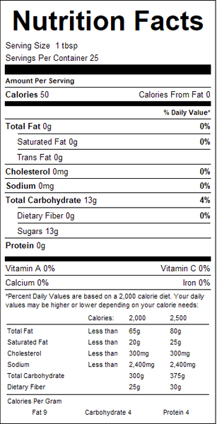 Nutrition facts label for a product with serving size, calories, and nutritional content details.