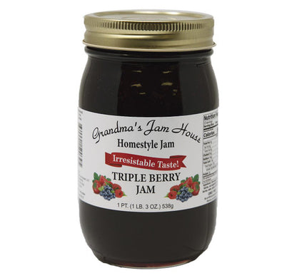 Jar of Grandma's Jam House Triple Berry Jam on a white background