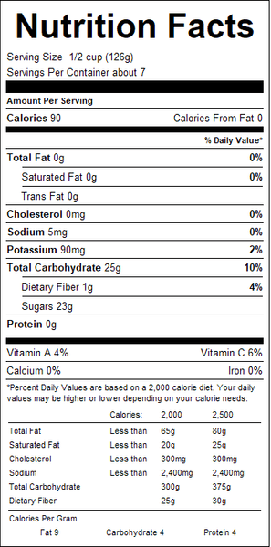 Nutrition facts label for a product with detailed information on calories, fat, cholesterol, sodium, potassium, carbohydrates, fiber, sugars, vitamins, and minerals.