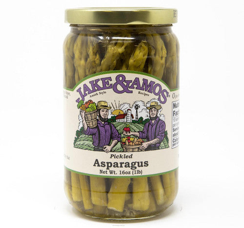 Jar of Jake & Amos pickled asparagus on a white background