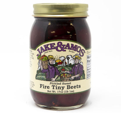 Jar of Jake & Amos Pickled Sweet Fire Tiny Beets on a white background