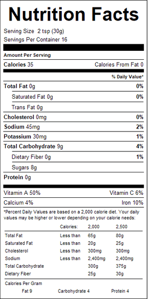 Nutrition facts label for a product with serving size, calories, and nutritional content details.