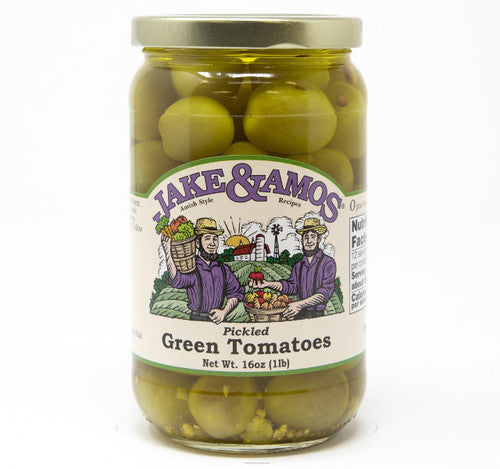 Jar of Jake & Amos pickled green tomatoes on a white background