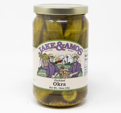 Jar of Jake & Amos Pickled Okra on a white background