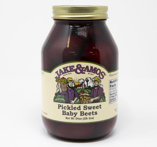 Jar of Jake & Amos Pickled Sweet Baby Beets on a white background