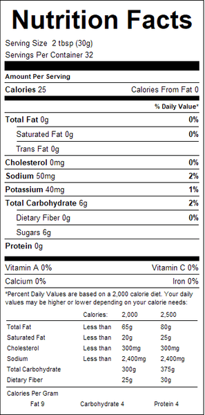 Nutrition facts label for a product with serving size, servings per container, and detailed nutritional information.