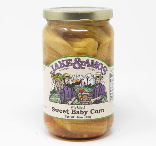 Jar of Jake & Amos pickled sweet baby corn on a white background
