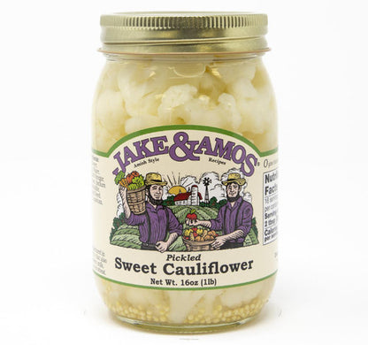 Jar of Jake & Amos pickled sweet cauliflower on a white background