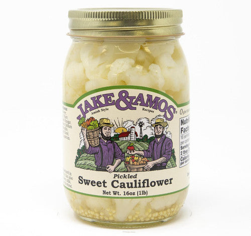 Jar of Jake & Amos pickled sweet cauliflower on a white background
