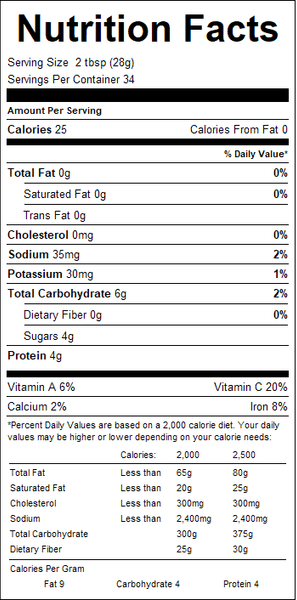 Nutrition facts label for a product with detailed information on calories, fat, cholesterol, sodium, potassium, carbohydrates, sugars, protein, vitamins, and minerals.