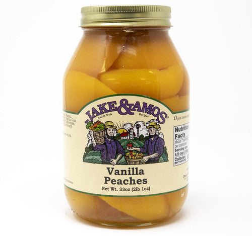 Jar of Jake & Amos Vanilla Peaches on a white background
