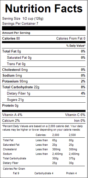 Nutrition facts label for a product with detailed calorie count and nutritional content.