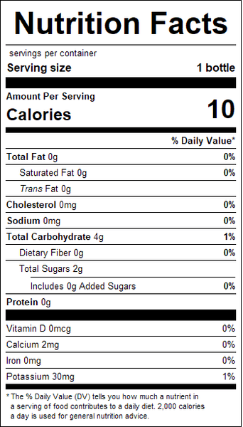 Nutrition facts label for a product with serving size, calories, and detailed nutritional information.