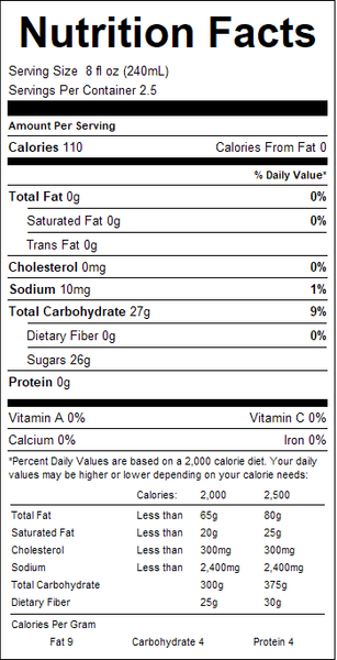 Nutrition facts label for a product with detailed information on calories, fat, cholesterol, sodium, carbohydrates, fiber, sugars, protein, vitamins, and minerals.