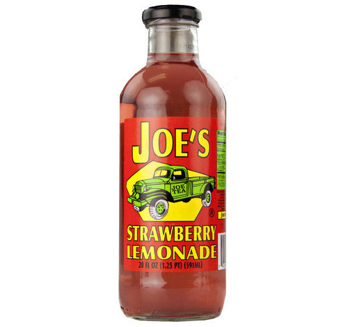 Bottle of Joe's Strawberry Lemonade with a colorful label on a white background