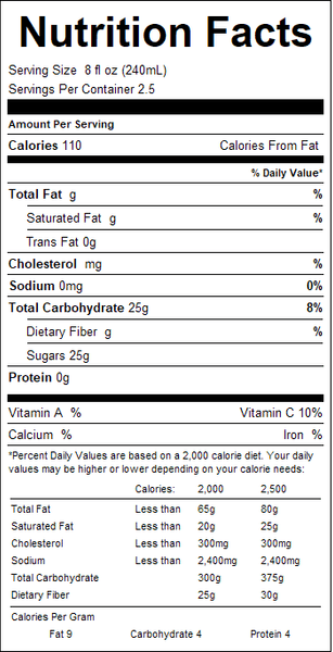 Nutrition facts label for a product with detailed calorie count and nutritional information.