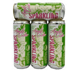 Three cans of sparkling water with a green label on a white background