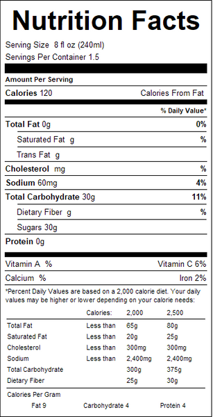 Nutrition facts label for a product with detailed information on calories, fat content, and other nutrients.