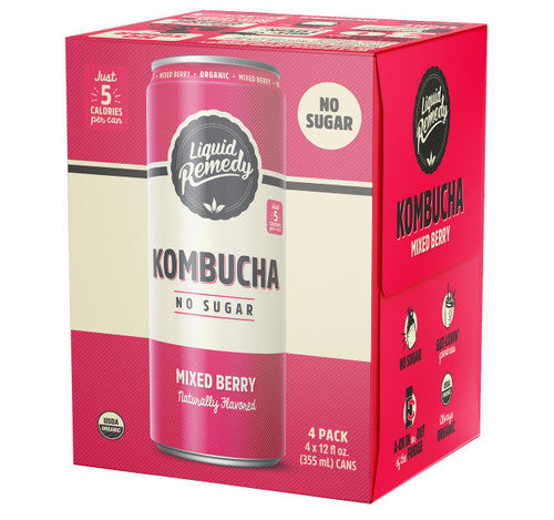 Box of Liquid Remedy Kombucha Mixed Berry no sugar cans on a white background