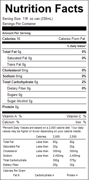 Nutrition facts label for a product with serving size, calories, and nutritional content details.