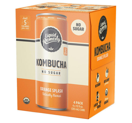 Packaging of Liquid Remedy Kombucha Orange Splash with a can on an orange background