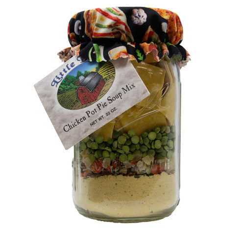 Jar of chicken pot pie soup mix with decorative cover and label on a white background