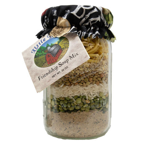 Jar of friendship soup mix with a label on a white background