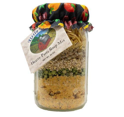 Jar of 'Little Hearty Pasta Soup Mix' with colorful label on a white background