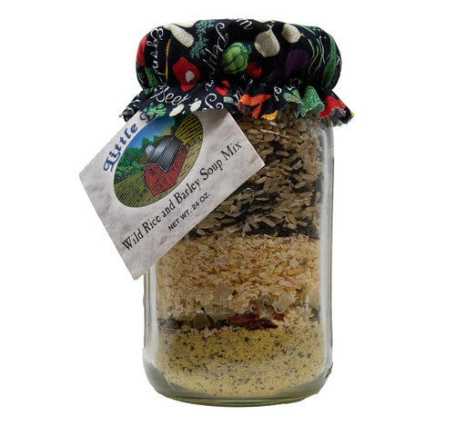 Jar of wild rice and parsley soup mix with decorative label on a white background