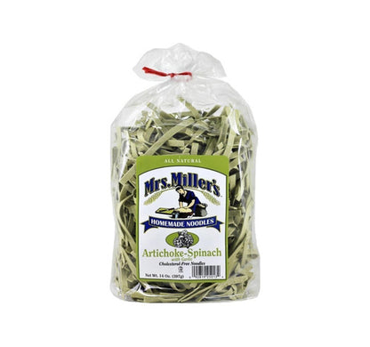 Bag of Mrs. Miller's Artichoke Spinach Homemade Noodles on a white background