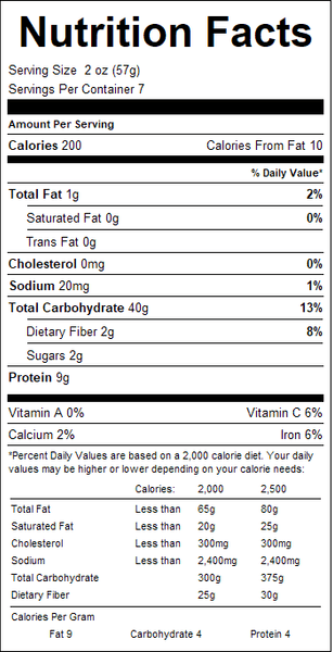 Nutrition facts label for a food product with detailed calorie count and nutritional content.