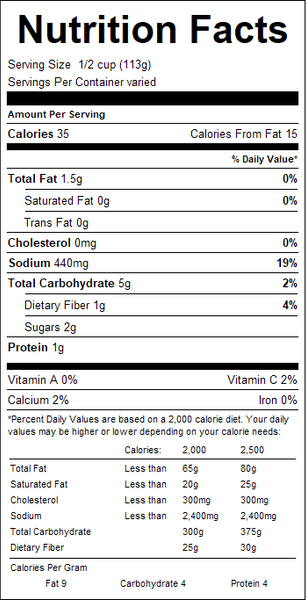 Nutrition facts label for a food product with detailed calorie count and nutritional breakdown.