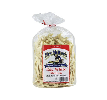 Bag of Mrs. Miller's Egg White Medium Homemade Noodles on a white background