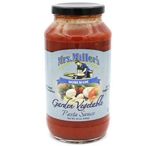 Jar of Mrs. Miller's Garden Vegetable Pasta Sauce on a white background
