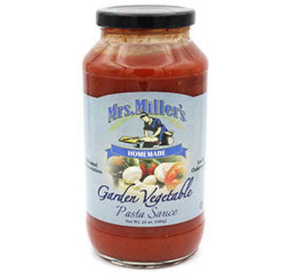 Jar of Mrs. Miller's Garden Vegetable Pasta Sauce on a white background