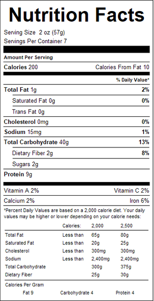 Nutrition facts label for a food product