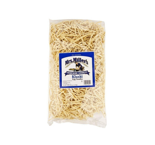 Bag of Mrs. Miller's Kuski noodles on a white background