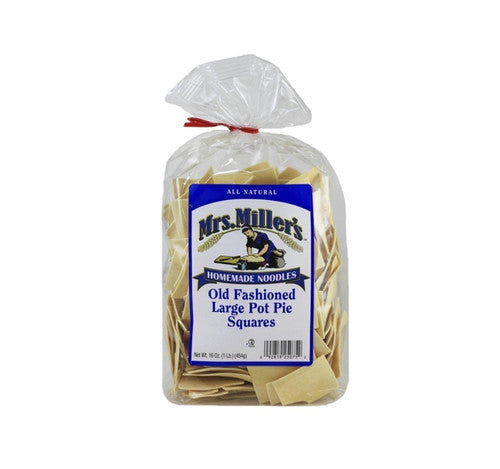 Bag of Mrs. Miller's Homemade Noodles Old Fashioned Large Pot Pie Squares on a white background