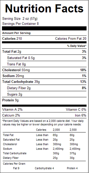 Nutrition facts label for a food product