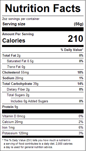 Nutrition facts label for a food product with detailed calorie and nutrient information.