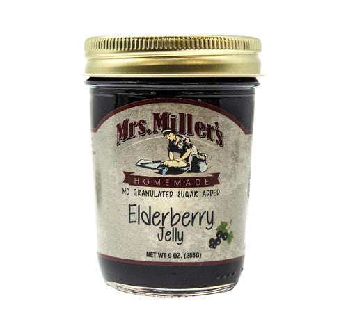 Jar of Mrs. Miller's Homemade Elderberry Jelly on a white background