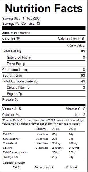 Nutrition facts label for a product with serving size, calories, and nutritional content details.