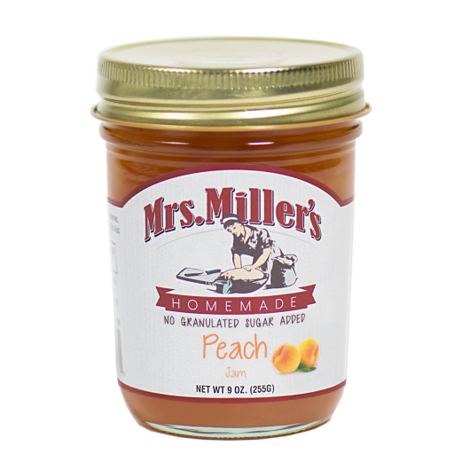 Jar of Mrs. Miller's Homemade Peach Jam with a gold lid on a white background